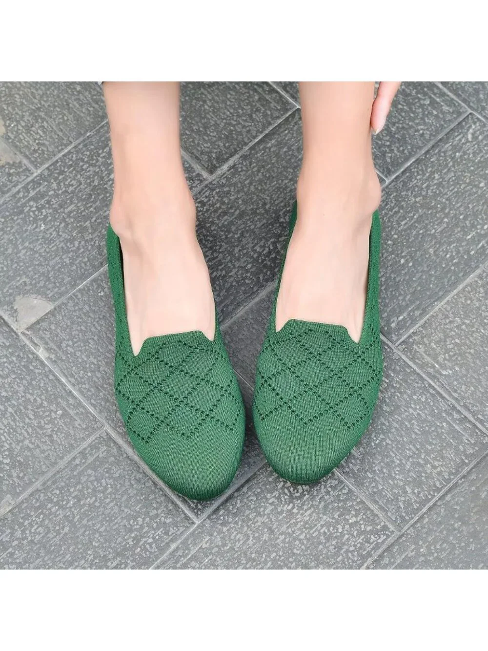 Women's Green Ballet Flat Knit Round Toe Textile Slip On Walking Shoes